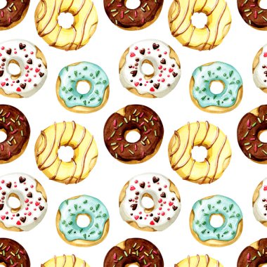 Suluboya, dikişsiz tatlı deseni. Beyaz arkaplanda renkli çörekler.