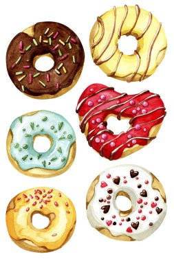 Suluboya şeker seti. Beyaz arkaplanda çok renkli çörekler.