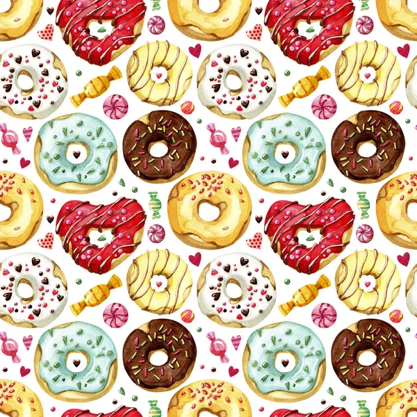 Patrón Dulces Sin Costuras Acuarela Donuts Color Dulces Sobre Fondo — Foto de Stock