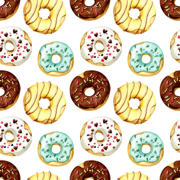 Patrón Dulces Sin Costuras Acuarela Donuts Color Sobre Fondo Blanco — Foto de Stock