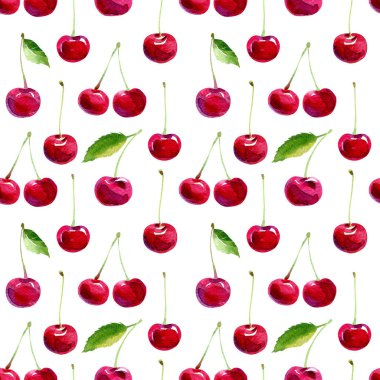 Suluboya böğürtlenleri pürüzsüz. Dal ve yapraklarla kaplı parlak kırmızı kiraz meyveleri, beyaz bir arka planda izole edilmiş..