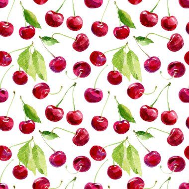 Suluboya böğürtlenleri pürüzsüz. Dal ve yapraklarla kaplı parlak kırmızı kiraz meyveleri, beyaz bir arka planda izole edilmiş..