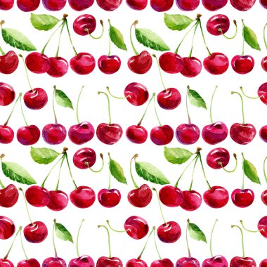 Suluboya böğürtlenleri pürüzsüz. Dal ve yapraklarla kaplı parlak kırmızı kiraz meyveleri, beyaz bir arka planda izole edilmiş..