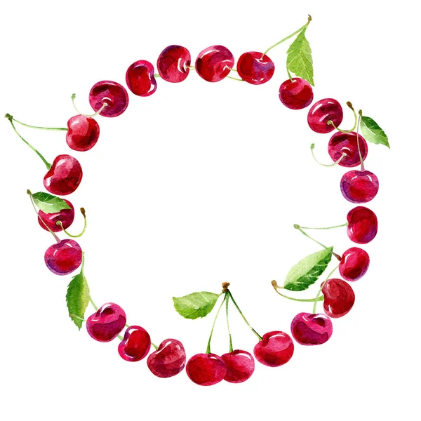 Watercolor Bright Cherry Berries Twigs Leaves Circular Frame Isolated White — Stock Photo, Image