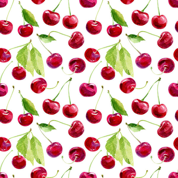 Ягоды акварели бесшовный узор. Ярко-красные вишневые ягоды с веточками и листьями, выделенные на белом фоне.