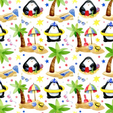 Suluboya kusursuz desen. Kumsaldaki sevimli yaz penguenleri, beyaz bir arka planda izole edilmiş..