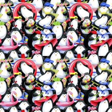 Suluboya kusursuz desen. Kumsaldaki sevimli yaz penguenleri, beyaz bir arka planda izole edilmiş..