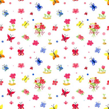 Suluboya kusursuz desen. Beyaz bir arka planda, yaz çiçekleri ve kelebekler..