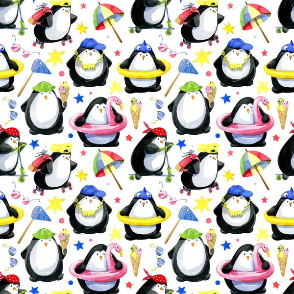 Padrão Sem Costura Aquarela Pinguins Verão Bonitos Praia Fazendo Esportes — Fotografia de Stock