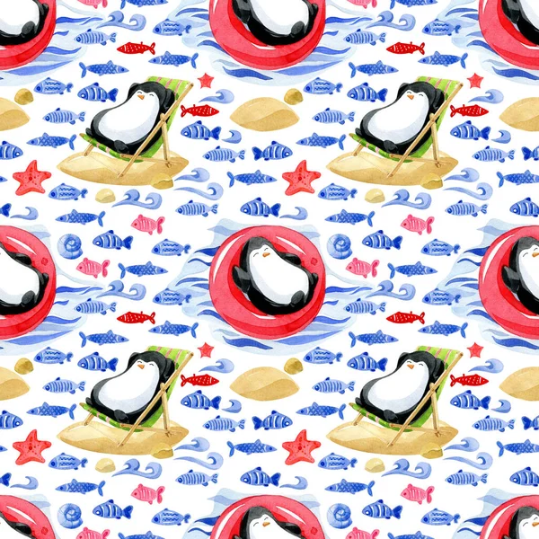 Бесшовный Рисунок Акварели Милый Расслабленный Пингвин Лежит Надувном Кольце Окружении — стоковое фото