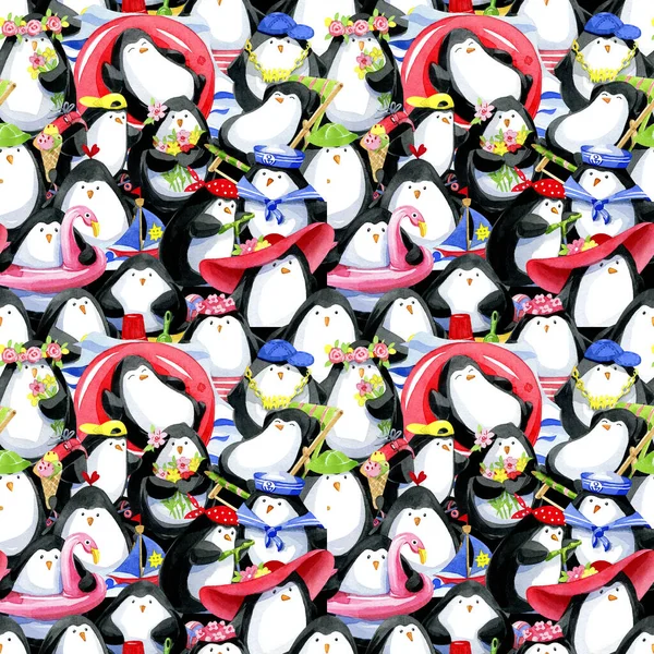 Акварельний Безшовний Візерунок Милі Літні Пінгвіни Пляжі Ізольовані Білому Тлі — стокове фото