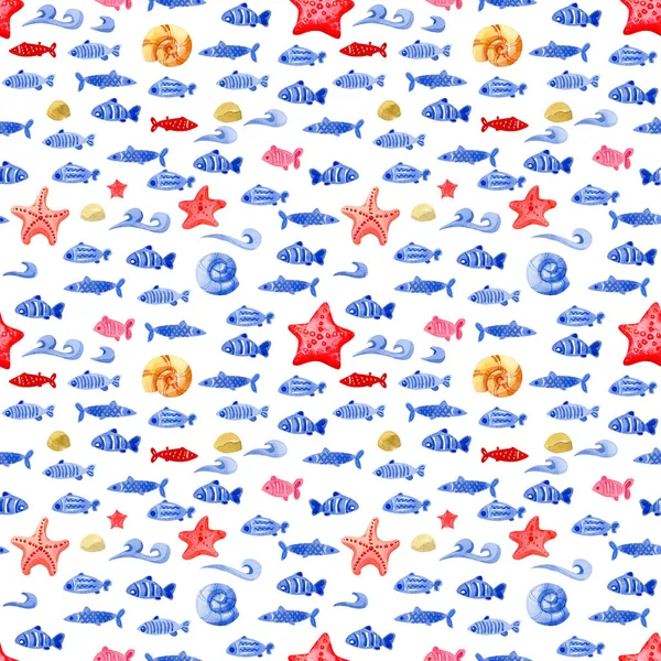 Бесшовный Рисунок Акварели Симпатичные Примитивные Рыбы Раковины Морские Звезды Изолированные — стоковое фото