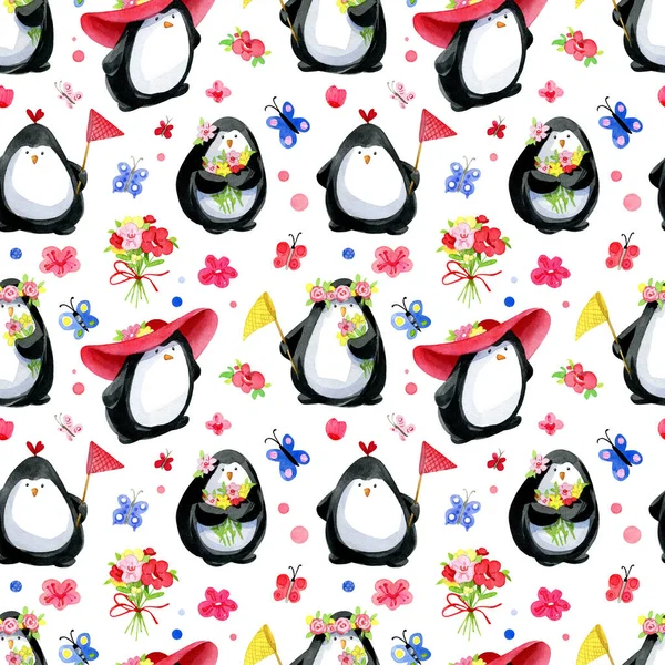 水彩画无缝图案 可爱的夏季企鹅 有蝴蝶网 周围环绕着花朵和蝴蝶 与白色背景隔离 — 图库照片