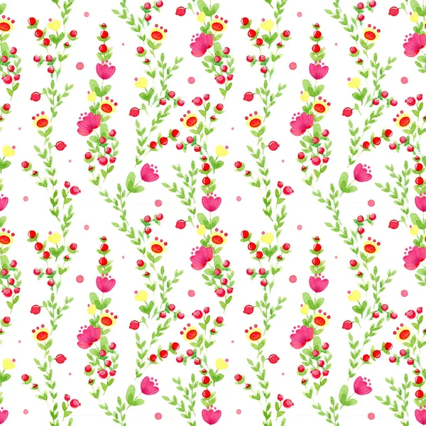 Aquarel Naadloos Bloemenpatroon Bloemen Bloemenslinger Met Rode Gele Bloemen Geïsoleerd — Stockfoto
