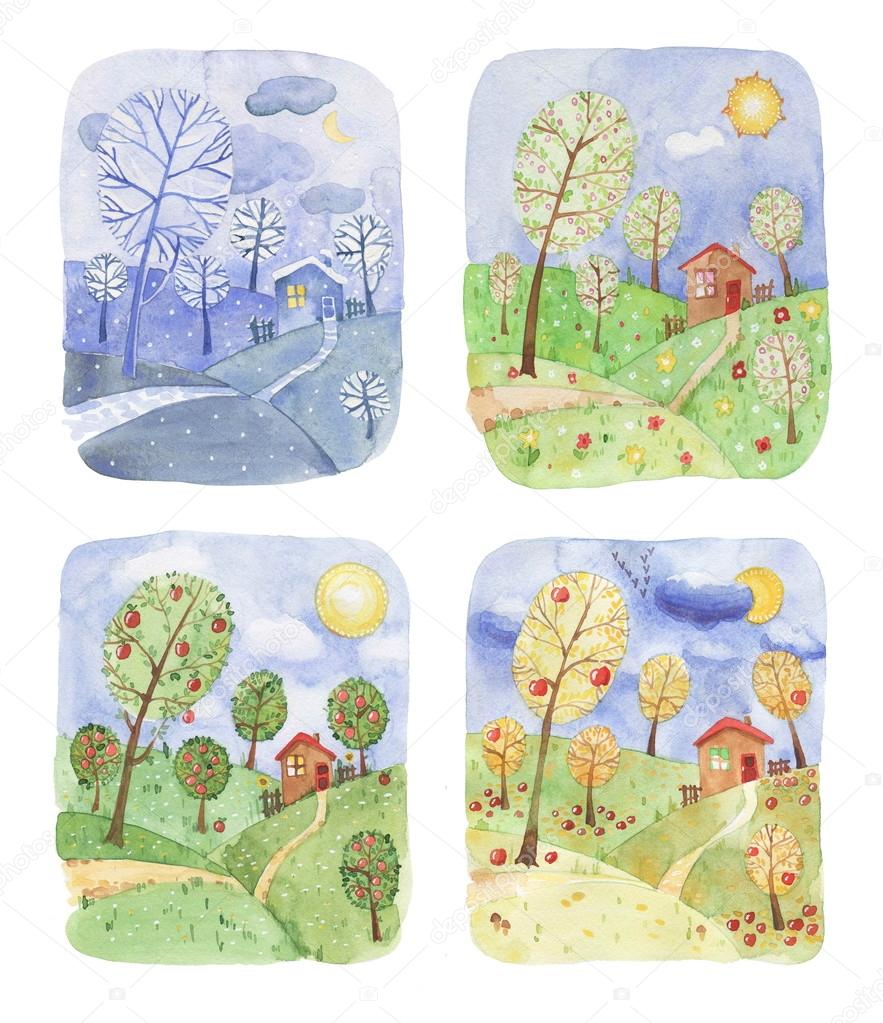 Illustration of a landscape in four seasons