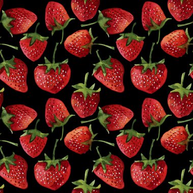 Dikişsiz desen siyah arka plan üzerine. Suluboya çilek.