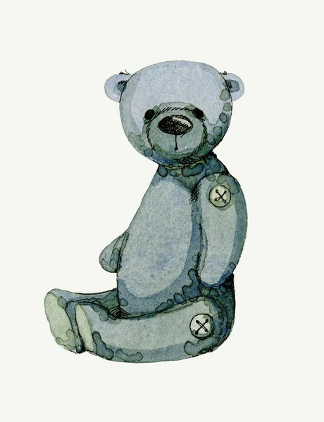 Watercolor ilustração de ursinho de pelúcia azul — Fotografia de Stock