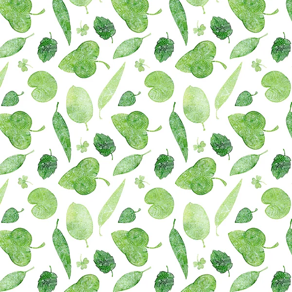 Seamless watercolor pattern with green leaves and white ornament on top — Stock Photo, Image