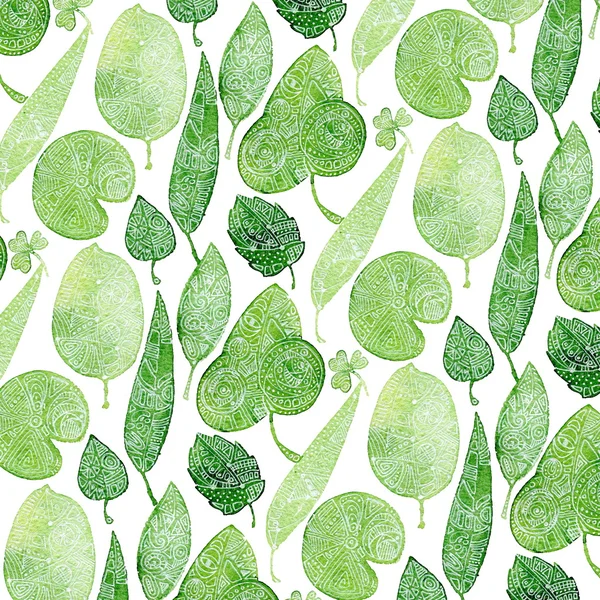 Seamless watercolor pattern with green leaves and white ornament on top — Stock Photo, Image