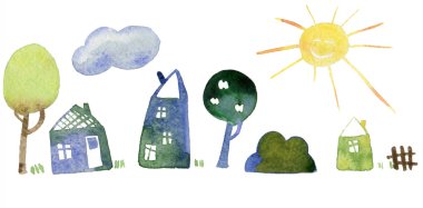 Küçük bir köy, evler ve ağaçlar. Suluboya resim