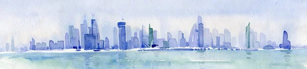 Illustration aquarelle de la ville bleue — Photo