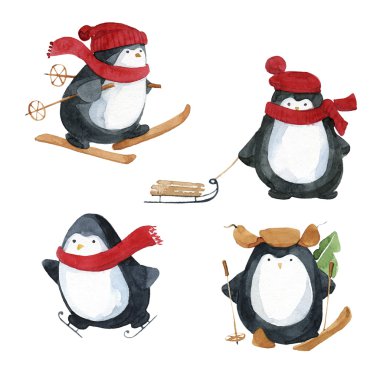 Penguenler kış sporları kümesi. Suluboya elle çizilmiş.