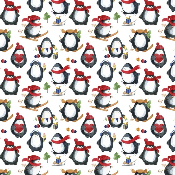 Padrão de aquarela sem costura. Pinguins bonitos se preparando para o Natal . — Fotografia de Stock