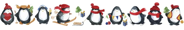 Seamless watercolor pattern. Cute little penguins preparing for Christmas. — Stock Photo, Image