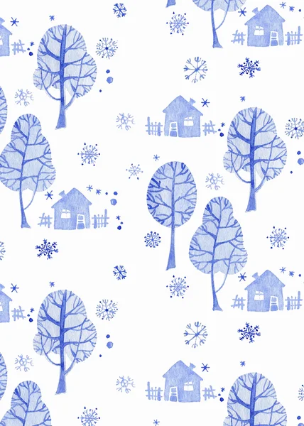 Floresta de inverno de conto de fadas. Ilustração aquarela. Padrão de árvores azuis e casas — Fotografia de Stock
