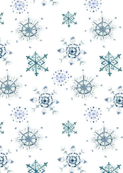 Mönster av blå snöflingor. Akvarell illustration. — Stockfoto
