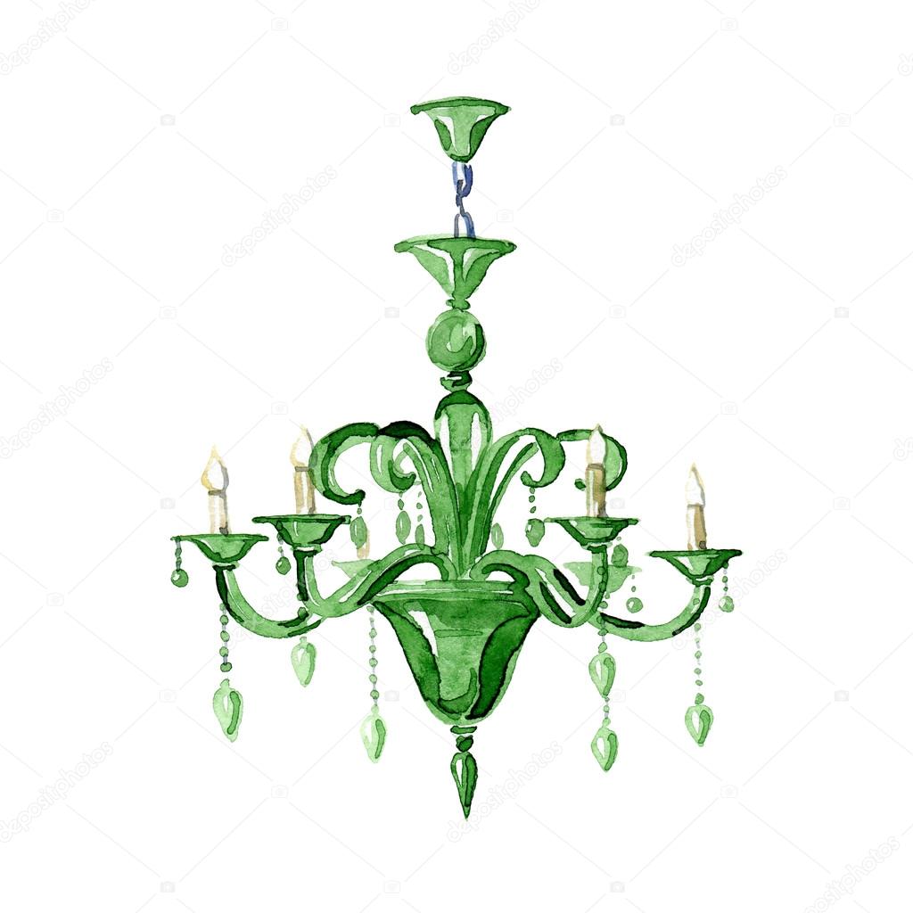 Green glass chandelier. Watercolor illustration.