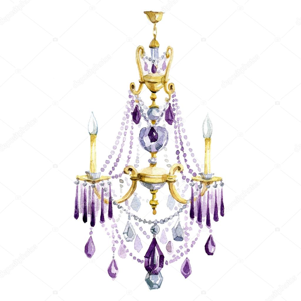 Classic chandelier with purple crystal. Watercolor illustration.