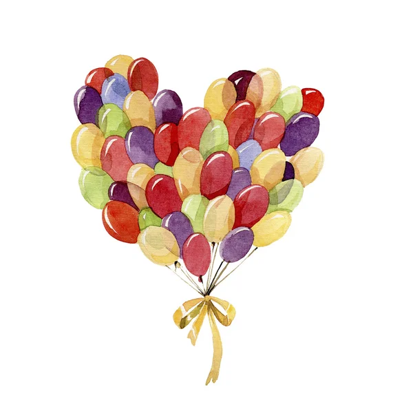 Un mucchio di palloncini multicolori. A forma di cuore. Illustrazione acquerello . — Foto Stock