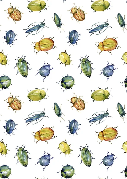 Patrón sin costuras de acuarela de escarabajos brillantes corriendo en todas direcciones . —  Fotos de Stock
