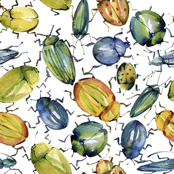 Watercolor seamless pattern of  bright beetles huddled — Stock Photo, Image