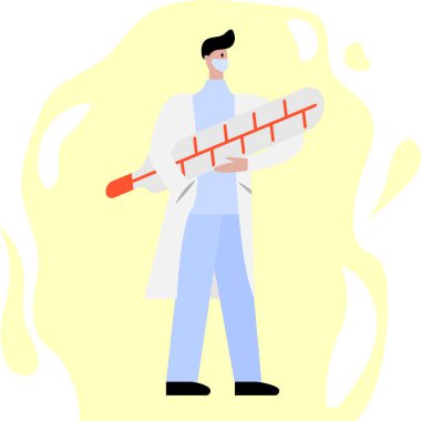 Termometresi olan bir doktor. Gerçek bir meslek. Maskeli, önlüklü ve tıbbi giysili bir adam. Beyaz bornoz, mavi takım elbise. Hiperbolik karakter. Karakterli sarı arkaplan