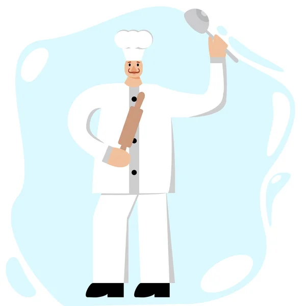 Professions Cuisinier Costume Blanc Sur Cuisinier Rolling Pin Scoop Chapeau — Image vectorielle