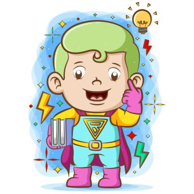 Süper çocuğun süper süiti kullanması ve iki kitap tutması.