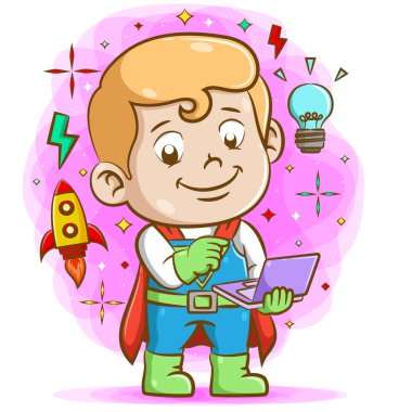 Kırmızı pelerin giyen ve elinde mor dizüstü bilgisayar tutan çocuğun karikatürü.