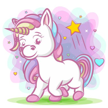 Gökkuşağı saçlı, yeşil boynuzlu tek boynuzlu atın çizimi.