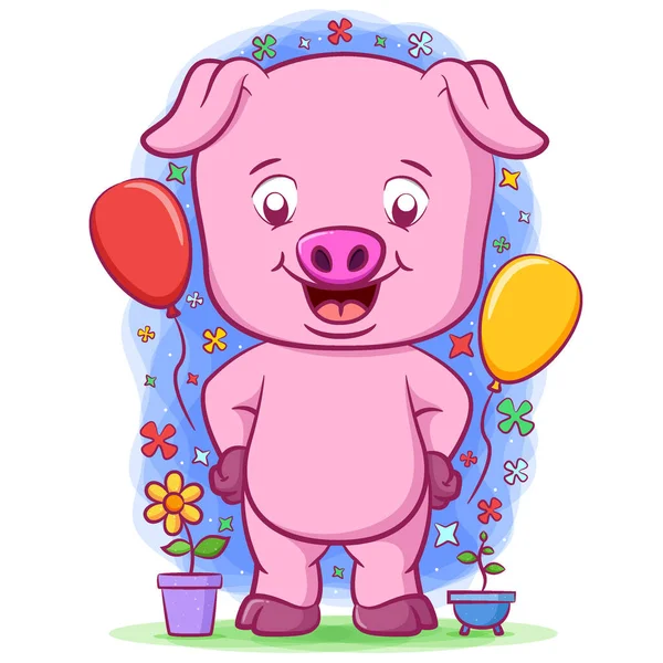Illustration Baby Pink Pig Standing Two Balloons — Stock Vector
