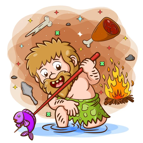 Illustration Primordial Man Doing Eat Fish River Burning — Stock Vector