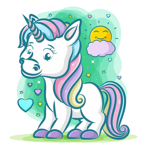 Illustration Little Unicorn Rainbow Hair Grey Horn Green Background — Stock Vector