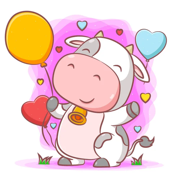 Obrázek Šťastné Krávy Držící Žluté Balónky Trávě — Stockový vektor