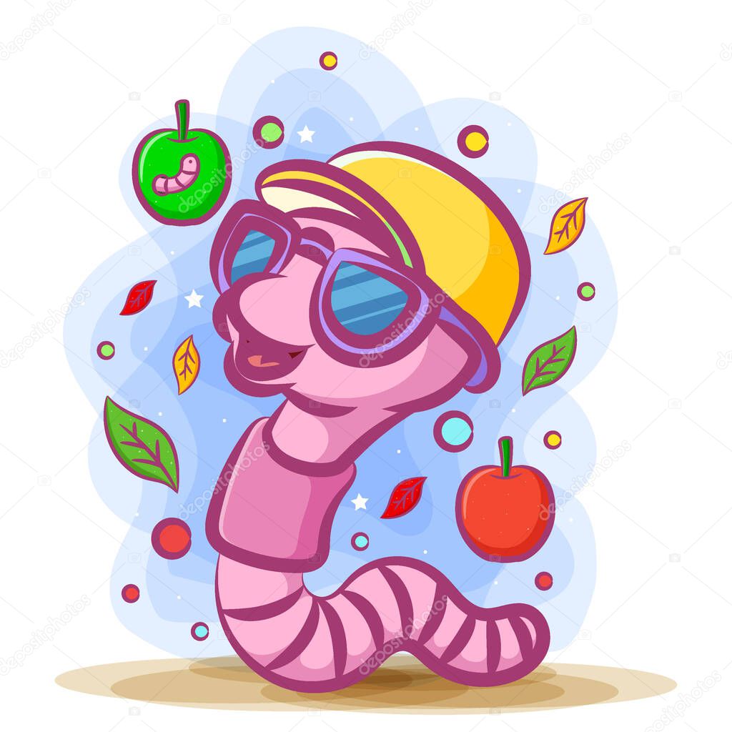 The cartoon of the purple worm using the sunglasses and yellow hat