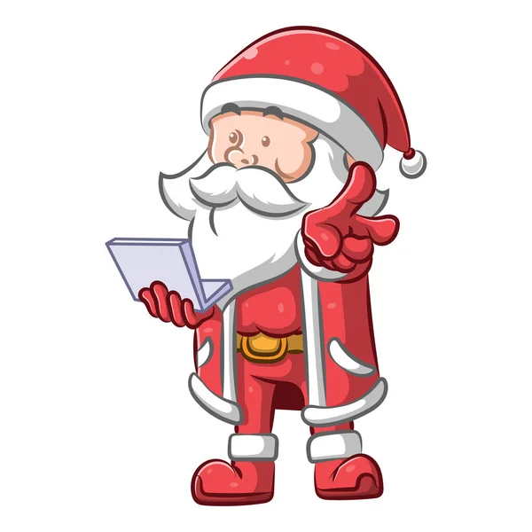 Illustration Homme Utilisant Costume Père Noël Tenant Petit Ordinateur Portable — Image vectorielle