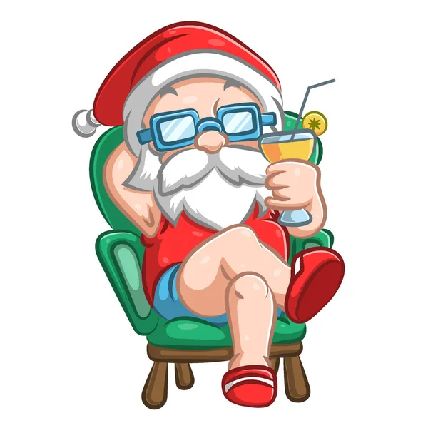 Obrázek Starého Santa Clause Sedícího Krátkými Kalhotami Držícího Sklenici Pomerančového — Stockový vektor