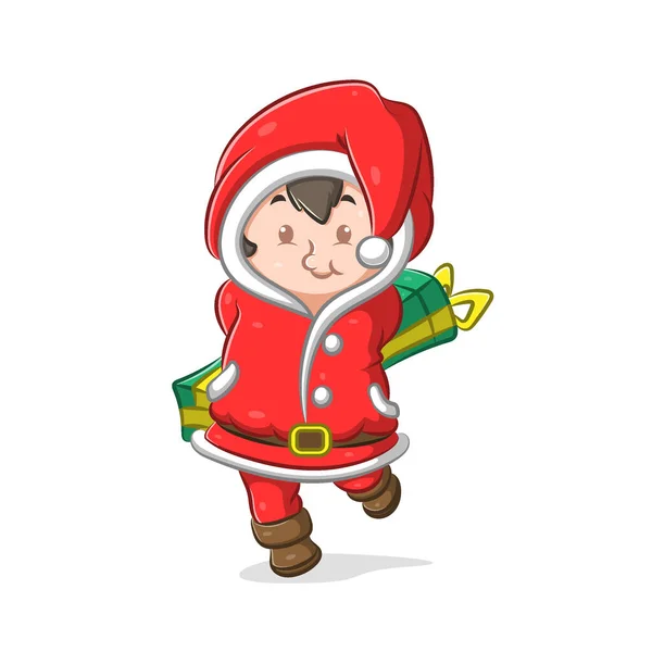 Obrázek Dívky Která Používá Kostým Santa Clause Drží Dlouhý Zelený — Stockový vektor