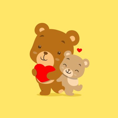 Farklı renkte iki çizgi film ayısı resimdeki kırmızı kalbi tutuyor ve duruyor.