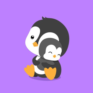 Penguen, resimli eliyle yavru penguenine sarılıyor.